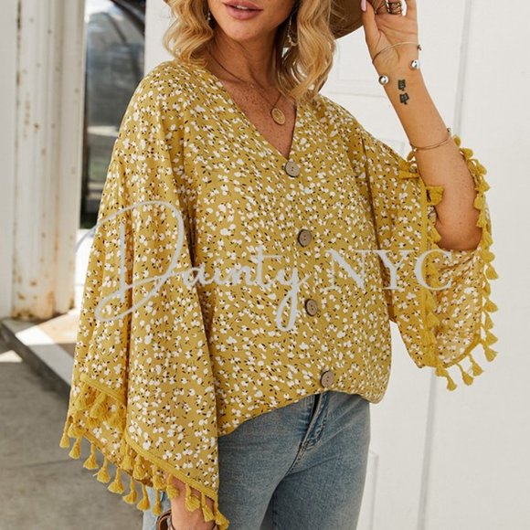 Dainty NYC Tops - Boho Yellow Confetti Blouse Tassel Fringe Sleeve